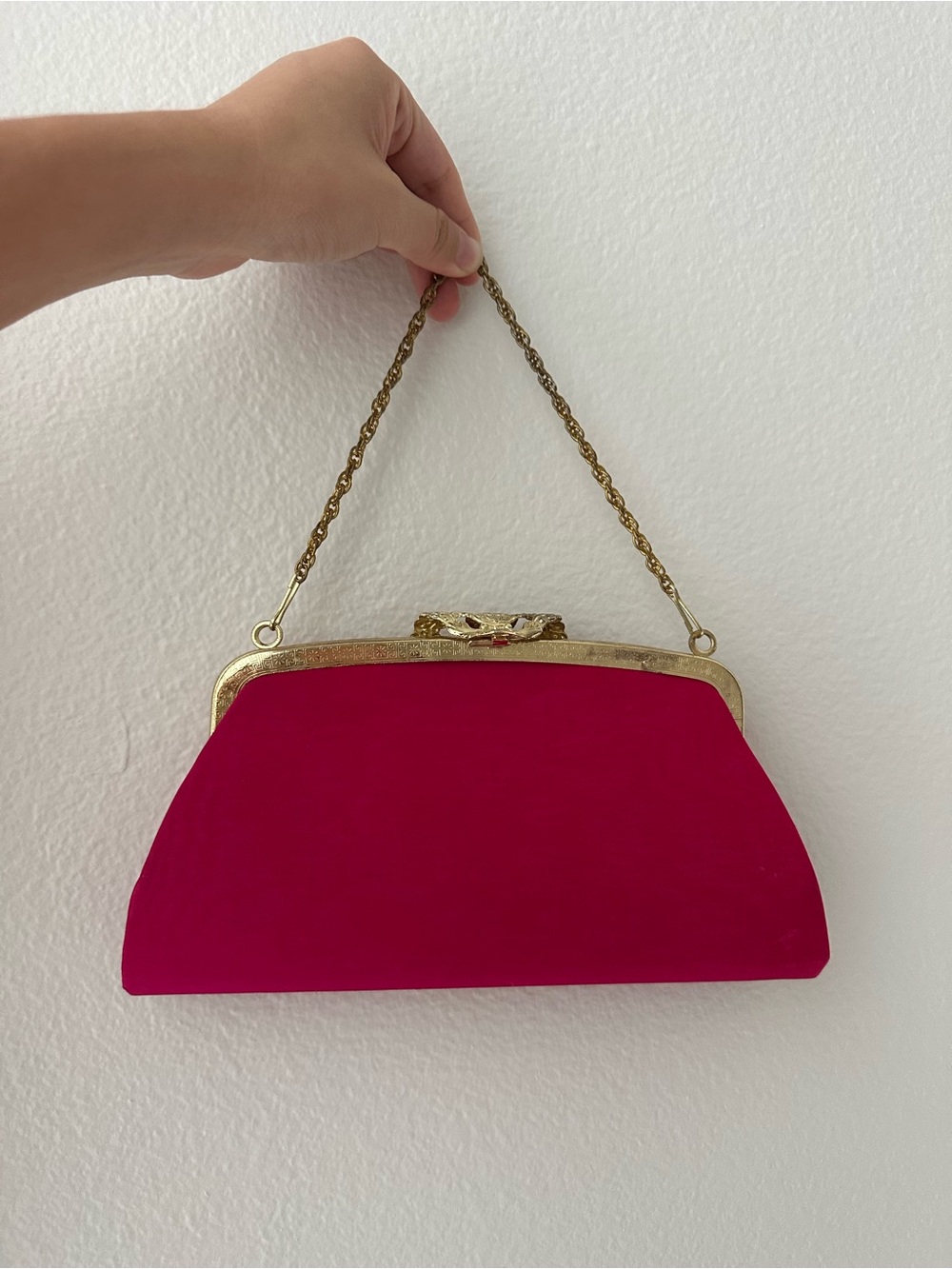 Magenta Pink Gold-Trim Hardware Pink Evening Clutch w/ Faux Leather Interior